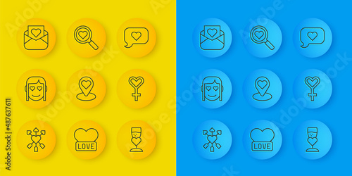 Set line Amour with heart and arrow, Romantic girl, Location, Glass of champagne, Female gender symbol, Envelope Valentine, Heart speech bubble and Search love icon. Vector