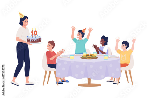 Kid birthday party semi flat color vector characters. Sitting figures. Full body people on white. Festive celebration simple cartoon style illustration for web graphic design and animation