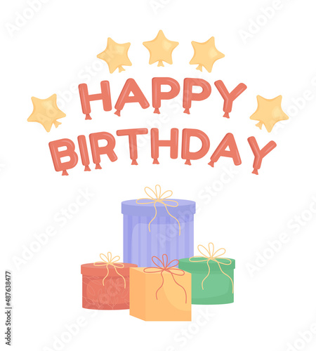 Birthday gifts and presents semi flat color vector object. Full sized item on white. Party arrangement simple cartoon style illustration for web graphic design and animation. Fredoka One font used