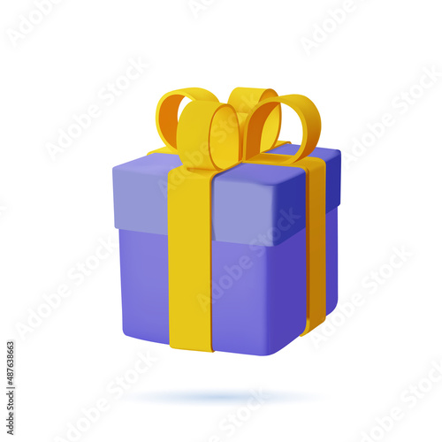 3d blue closed gift box with yellow ribbon bow isolated on a light background. 3d render modern holiday surprise box. Realistic vector icon. suprise, earn point concept, loyalty program and get reward