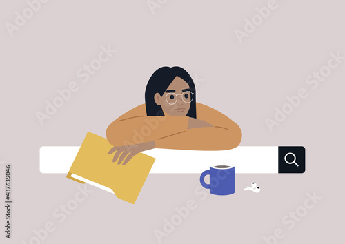 A young character doing an online research for their paper, education and technology