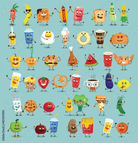 Cute funny food and drink characters set, best friends, funny fast food menu vector Illustrations. Flat vector illustration use for web page, card, poster, banner.
