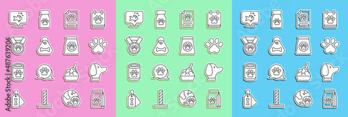 Set line Bag of food for pet, Dog, Paw print, Medical clinical record, collar with bone, Pet award symbol, Fish and icon. Vector