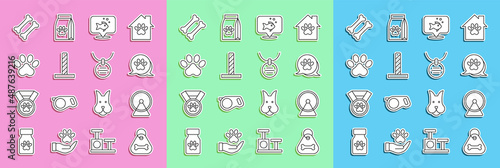 Set line Dog collar with bone, Hamster wheel, Paw print, Fish, Cat scratching post toy, and Collar name tag icon. Vector