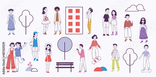 Concept of young people walking, running and jumping in the park. Stylish modern vector illustration card with male and female teenagers