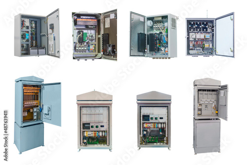 eight electrical control cabinets of various designs and purposes, isolated on white background