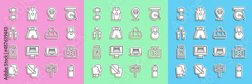 Set line Fitness shaker, Sport mechanical scoreboard, Weight, Boxing helmet, short, Jump rope, Dumbbell and bag icon. Vector