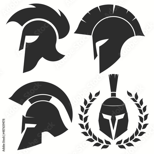Spartan helmet warrior emblems logotypes set. Vector illustration