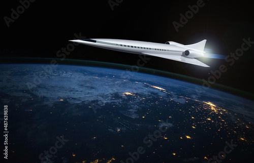 Concept of a futuristic hypersonic passenger aircraft. Air transport of the future. Space tourism. 3D rendering image. Elements of this image furnished by NASA photo