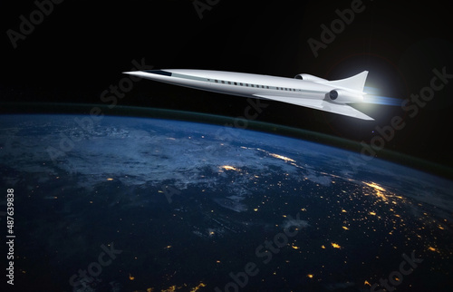 Concept of a futuristic hypersonic passenger aircraft. Air transport of the future. Space tourism. 3D rendering image. Elements of this image furnished by NASA