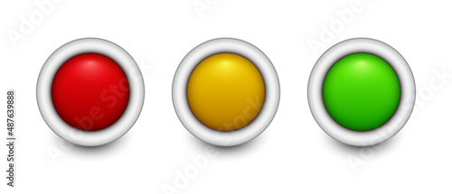 Three round blank buttons. Green, orange and red buttons. Vector 3d illustration isolated on white background.