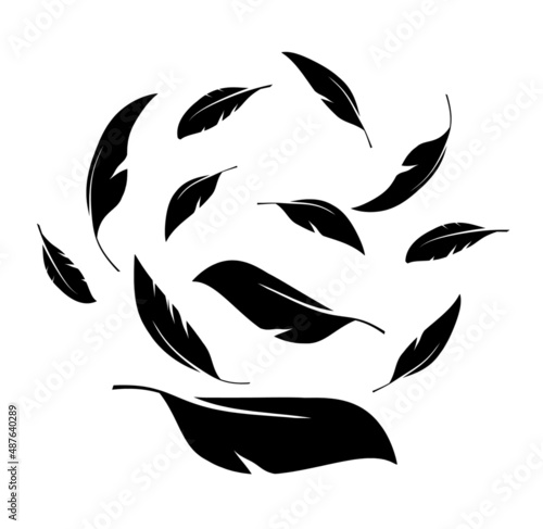 Flock of black feathers falling isolated on white background. Vector	