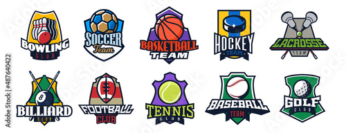 Set of sport teams logos. Collection of club emblem templates for football, soccer, basketball, ice hockey, american football, baseball, lacrosse, golf, tennis, billiards, bowling. Vector illustration