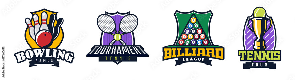 Set of logos of sports tournaments. Emblems of bowling games, tennis tournament, billiards league, tennis tour. Sport competition logo template. Vector illustration isolated on white background