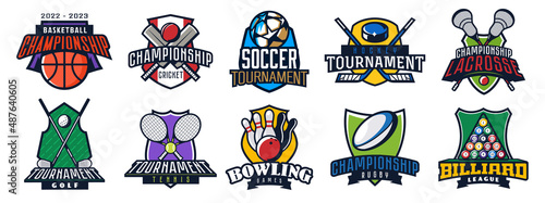 Set of sports championships logos. Emblems of sports championships in basketball, soccer, football, ice hockey, cricket, rugby, lacrosse, tennis, bowling, billiard. Vector illustration