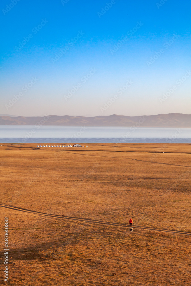 L'immensité des rivages du lac Son Kul au Kirghizistan. Au loin, des yourtes et des montagnes. Une personne avec un chien
