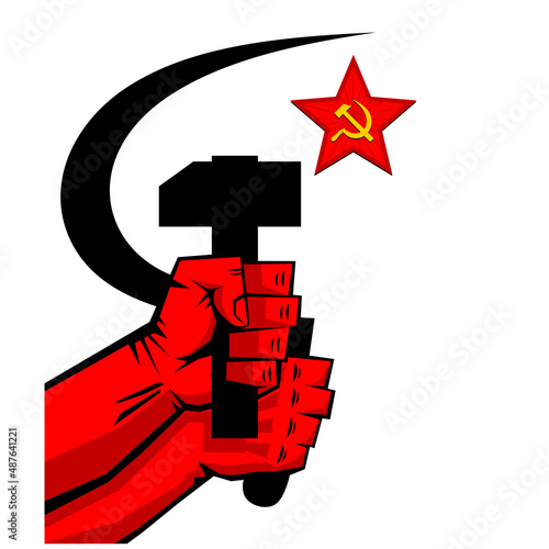 Red propaganda poster retro style. Sickle and hammer in hands, soviet star. Vector