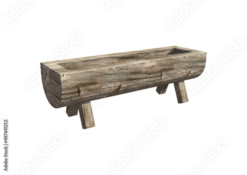 tree trunk wooden trough for cattle feed isolated on white background