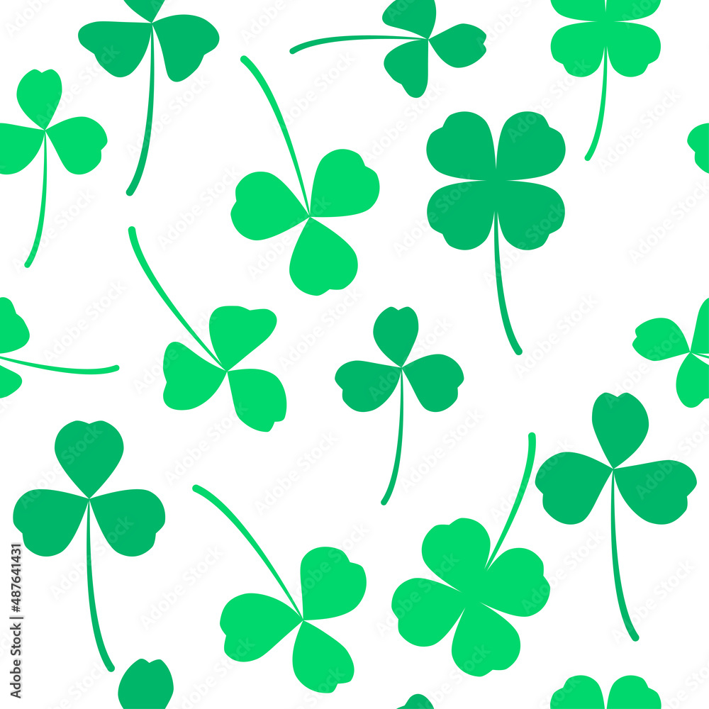 Fototapeta premium Green and white pattern clover leaf seamless vector shamrock template for St. Patrick's day. Texture clover three and four leaves good luck. 