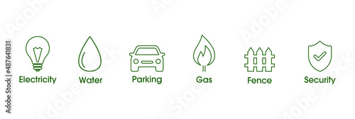 real estate icon set water, gas, electricity, parking, security. line icons vector illustration