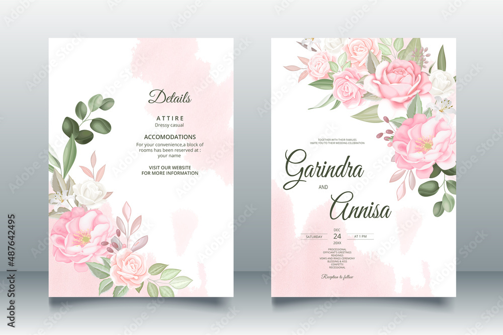 romantic  wedding invitation card template set with beautiful  floral leaves Premium Vector