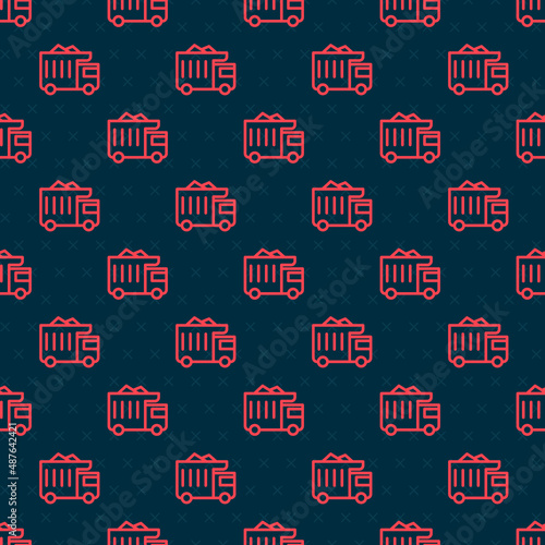 Red line Large industrial mining dump truck icon isolated seamless pattern on black background. Big car. Vector