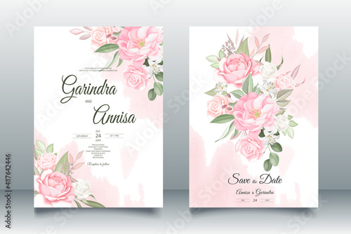 romantic wedding invitation card template set with beautiful floral leaves Premium Vector