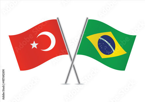 Turkey and Brazil crossed flags. Turkish and Brazilian flags, isolated on white background. Vector icon set. Vector illustration.