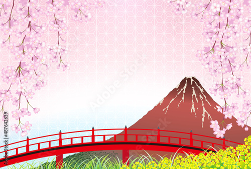 桜　シダレザクラ　富士山　背景素材
