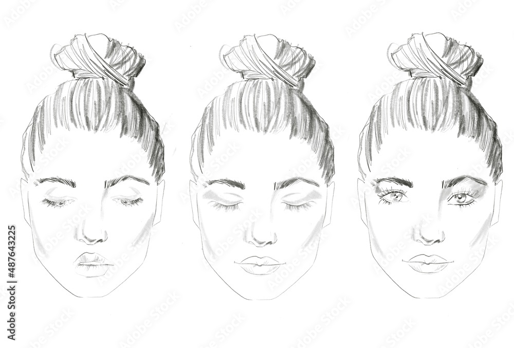 Faces on the white background. Eyebrows, eyes, lips, hair. Templats for make up, cosmetics advertising Faces on the white background. Eyebrows, eyes, lips, hair. Templats for make up, cosmetics advertising