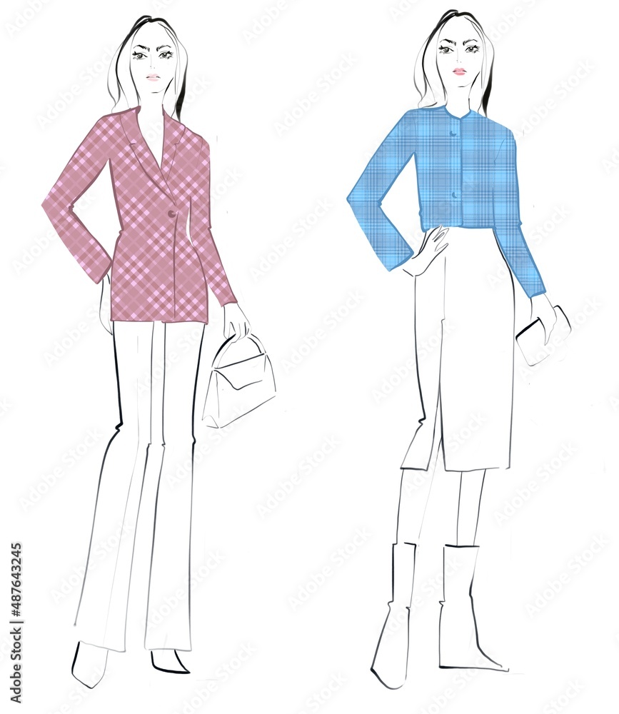 A young lady in an office suite. Checkered jacket, skirt, bag. Sketch Illustration for coloring on a white background.
A young lady in an office suite. Checkered jacket, skirt, bag. Sketch Illustration for coloring on a white background.
