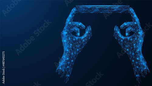 Measuring ruler in hand. Polygonal design of interconnected elements. Blue background.