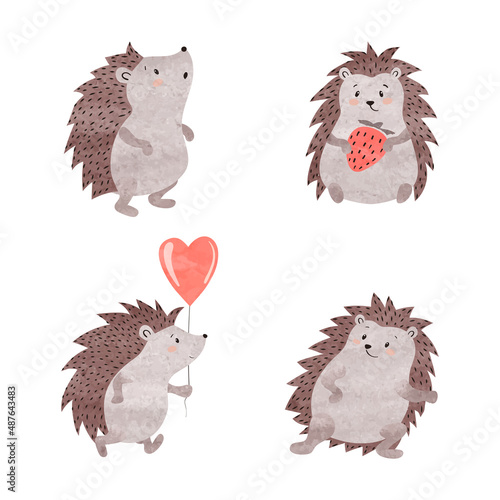 Cute hedgehogs isolated on white background. Vector watercolor animal illustration.