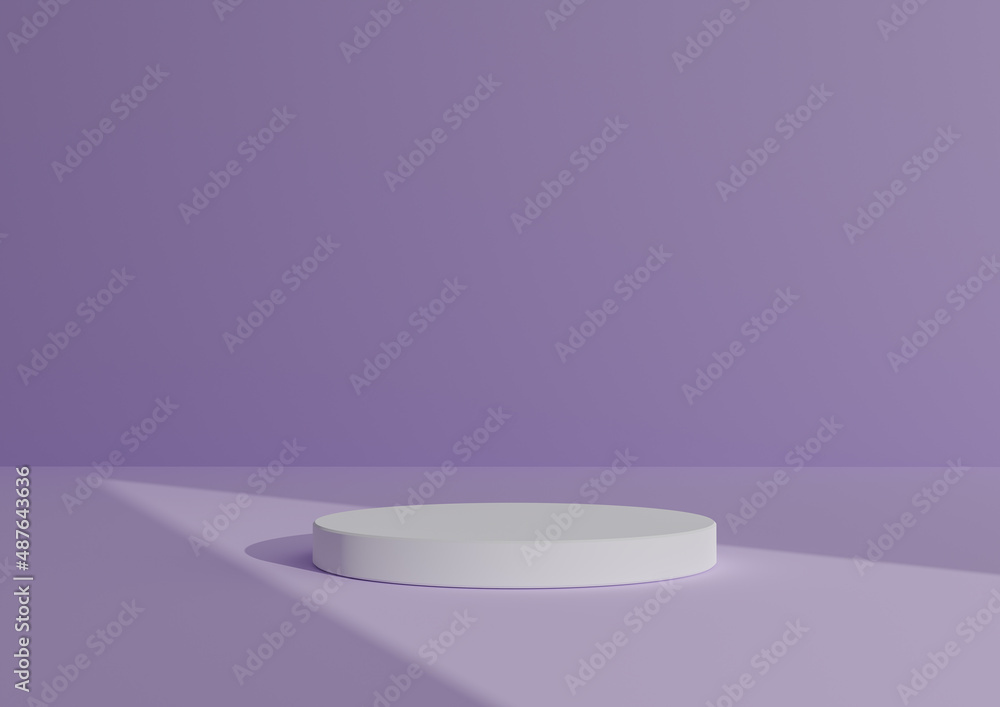 Simple, Minimal 3D Render Composition with One White Cylinder Podium or Stand on Abstract Shadow Pastel Purple Background for Product Display Triangle Light Pointing to Product Simple, Minimal 3D Render Composition with One White Cylinder Podium or Stand on Abstract Shadow Pastel Purple Background for Product Display Triangle Light Pointing to Product