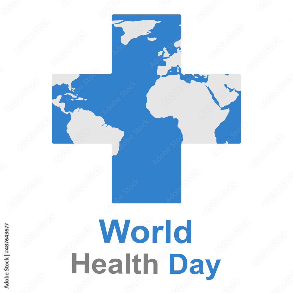 World Health Day illustration. Medical cross with world map on white background