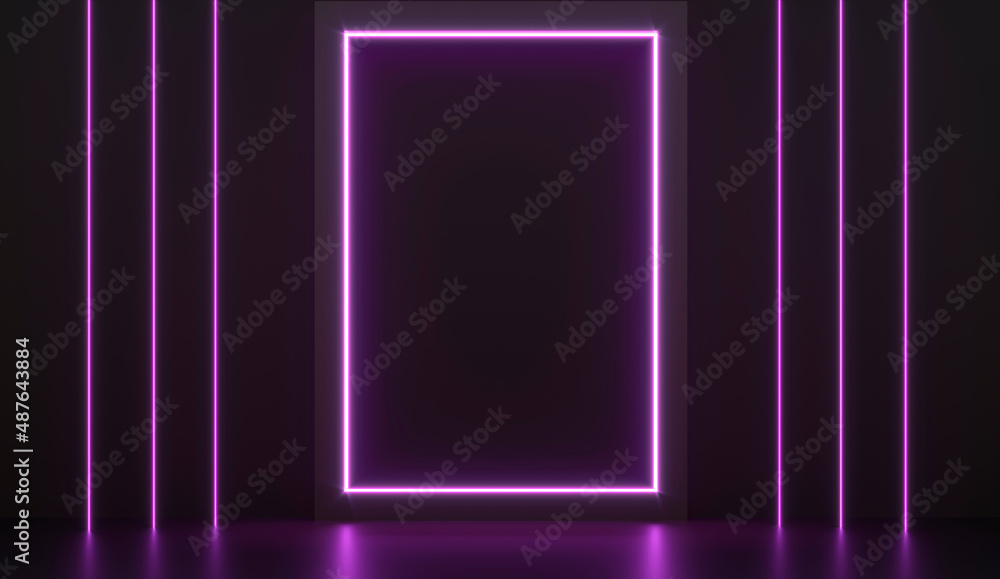 Dark neon light and pedestal, podium, stand. Exhibition space for branded products, goods. Glow violet decor for Luxury royal ads design. 3d render illustration. Club promotion party poster Dark neon light and pedestal, podium, stand. Exhibition space for branded products, goods. Glow violet decor for Luxury royal ads design. 3d render illustration. Club promotion party poster