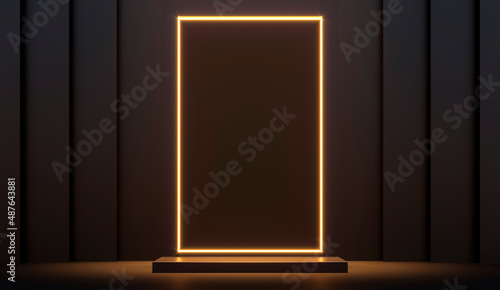 Dark matte pedestal, podium, stand and light. Exhibition space for branded products, goods. Glow decor for Luxury royal ads design. 3d render illustration. Shower cosmetics advertising mockup