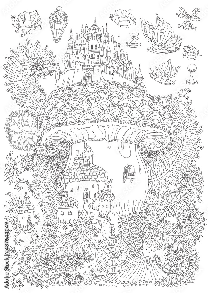 Fantasy landscape. Fairy tale castle on a mushroom, snail, flying ...