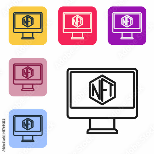 Black line Monitor with art store app icon isolated on white background. Technology of selling NFT tokens for cryptocurrency. Non fungible token concept. Set icons in color square buttons. Vector