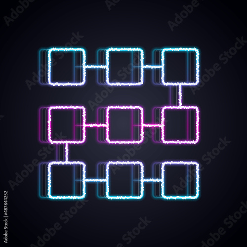 Glowing neon line NFT blockchain technology icon isolated on black background. Non fungible token. Digital crypto art concept. Vector