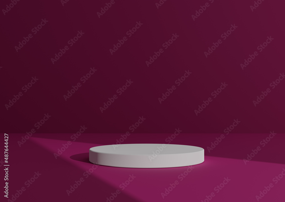 Simple, Minimal 3D Render Composition with One White Cylinder Podium or Stand on Abstract Shadow Bright Magenta Background for Product Display Triangle Light Pointing to Product Simple, Minimal 3D Render Composition with One White Cylinder Podium or Stand on Abstract Shadow Bright Magenta Background for Product Display Triangle Light Pointing to Product