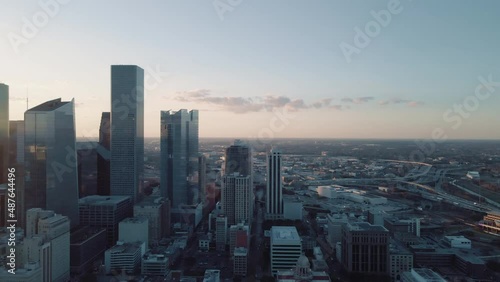 Houston, Texas - Aerial Shot Panning Left Across Cityscape During Sunset