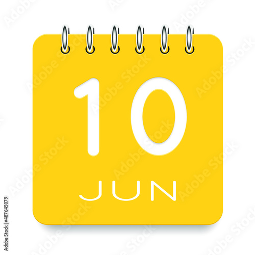 10 day of the month. June. Cute yellow calendar daily icon. Date day week Sunday, Monday, Tuesday, Wednesday, Thursday, Friday, Saturday. Cut paper. White background. Vector illustration.