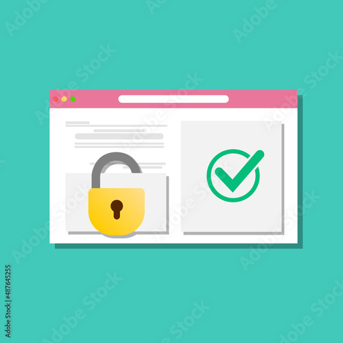 Secure access with a password in the web browser window, protected window and unprotected window. Padlock and tick as website login, digital privacy Flat vector illustration