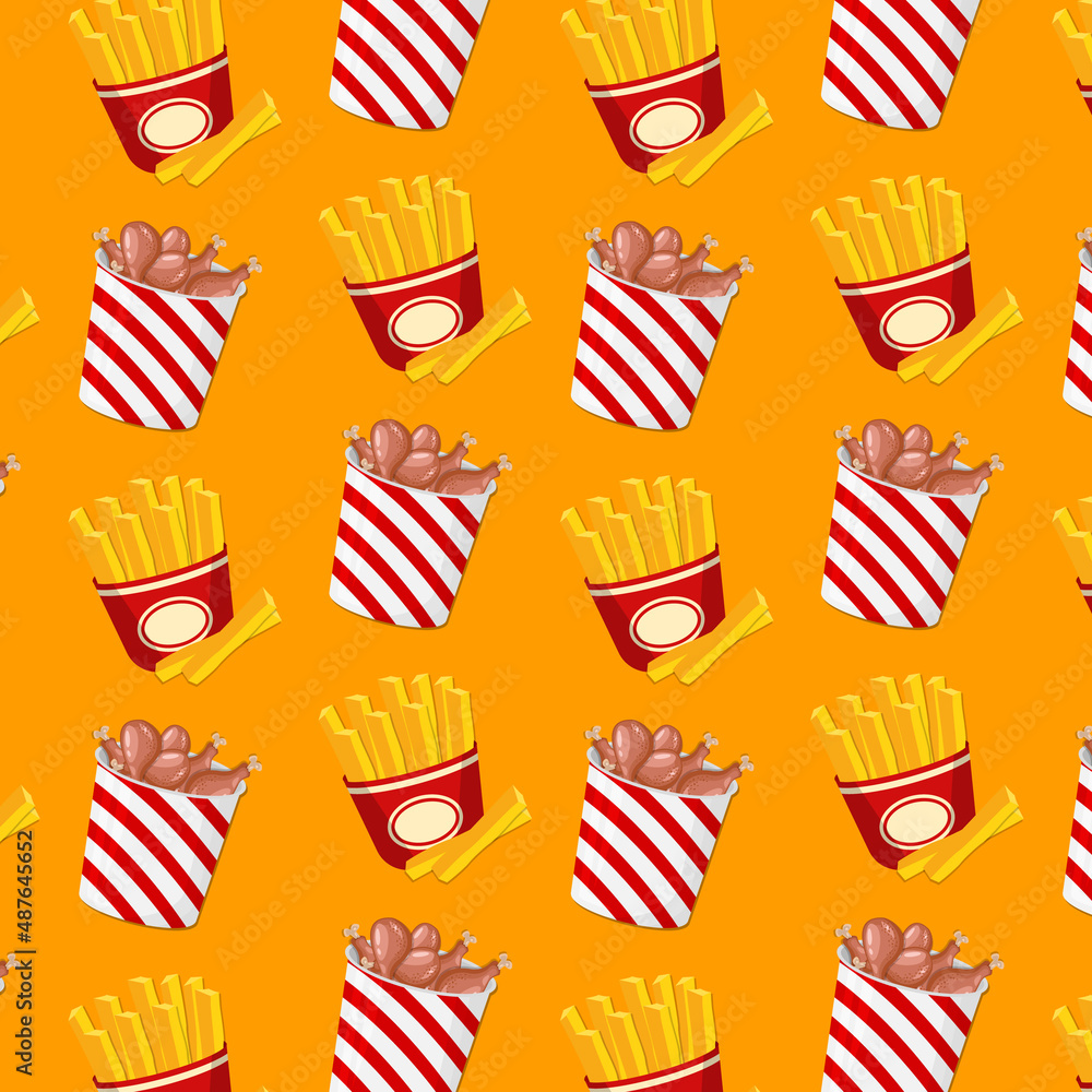Bucket of fried chicken and french fries concept seamless illustration fast food vector Bucket of fried chicken and french fries concept seamless illustration fast food vector