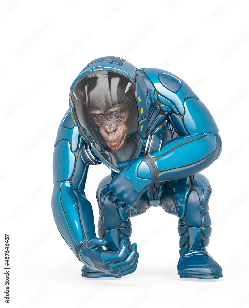 chimpanzee astronaut is doing a pick up pose in white background chimpanzee astronaut is doing a pick up pose in white background