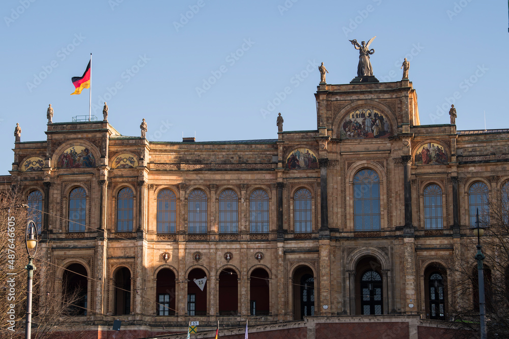 Munich, Germany - December 20 2021: The Maximilianeum, a palatial building in Munich, was built as the home of a gifted students' foundation but since 1949 has housed the Bavarian State Parliament.