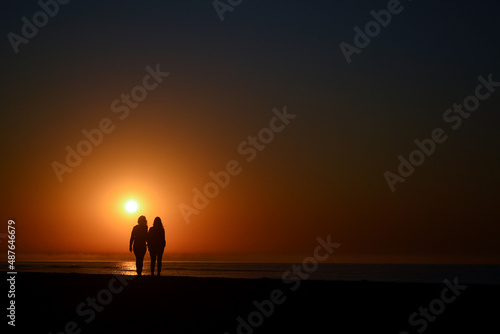 silhouettes of a female lgbt couple walking along the beach against the backdrop of the ocean during the sunset in the summer