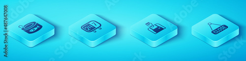 Set Isometric Canned fish, Clock 24 hours, Hanging sign with Closed and Seller icon. Vector