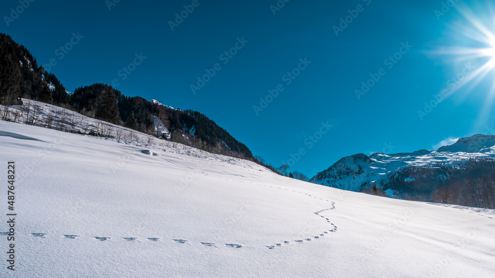 Snow tracks in a snow landscape with blue sky and mountains and the bright sun shows a sun star. Snow tracks in a snow landscape with blue sky and mountains and the bright sun shows a sun star.
